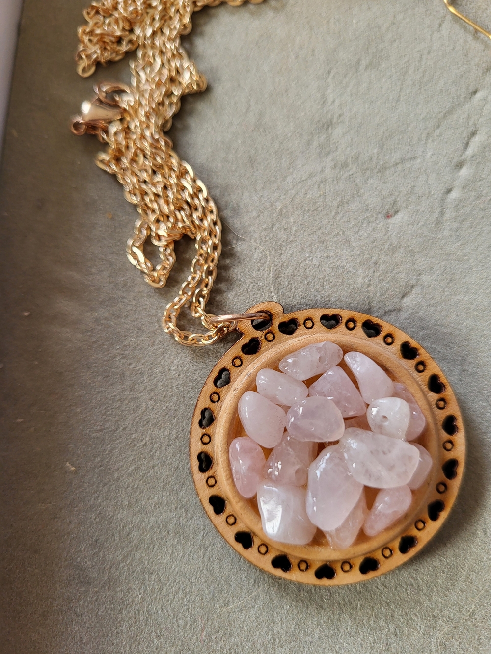 Gold-Tone Pendant Necklace with Rose Quartz Chips